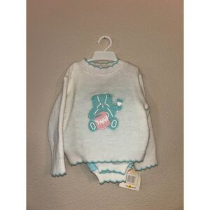 vintage white knit baby sweater & bottom teal teddy bear applique size 24 months